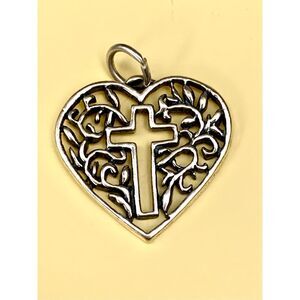 Ornate Heart with Cutout Cross Sterling Silver Jewelry Charm #faith